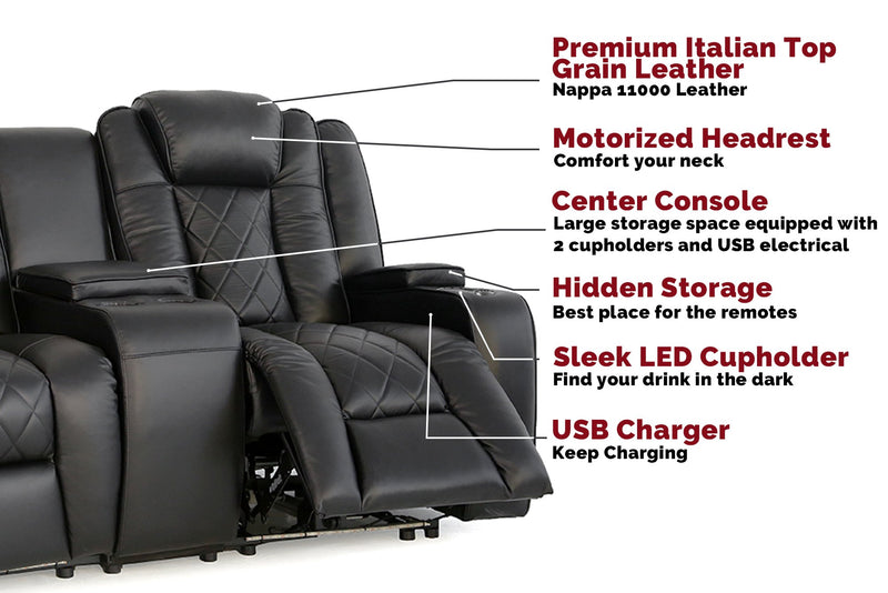 Valencia Black Top-grain Leather LED Power Reclining 3-piece Home Theatre Seating
