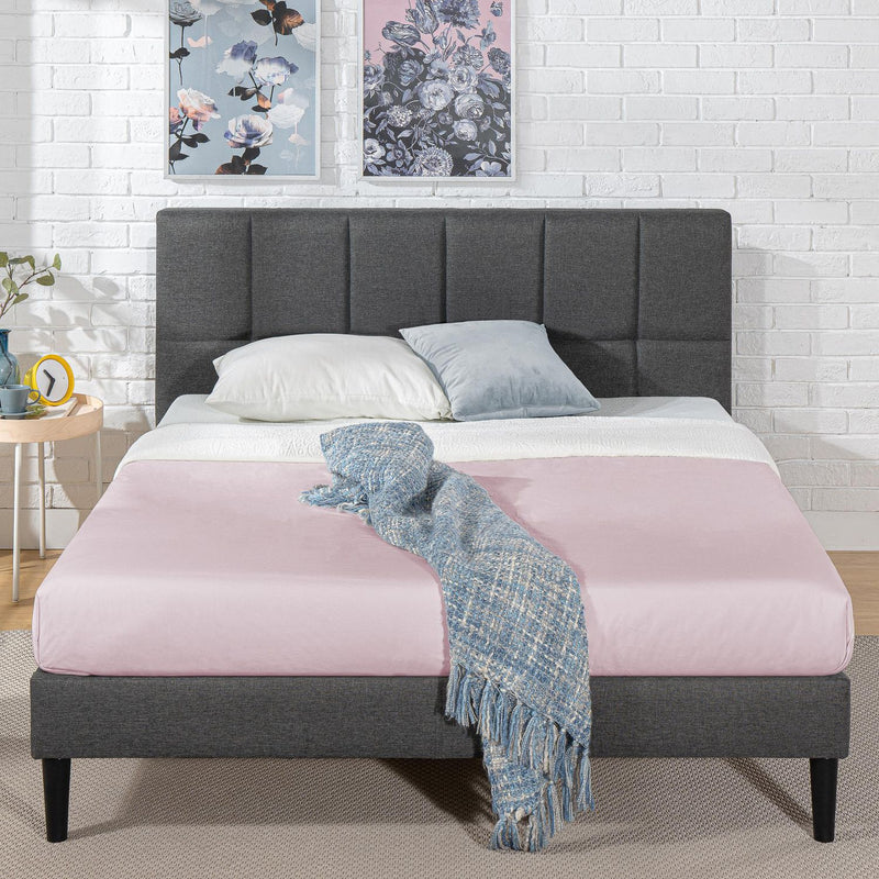 Zinus Grey Lottie Upholstered Square Stitched Platform Bed Frame with Wooden Slats