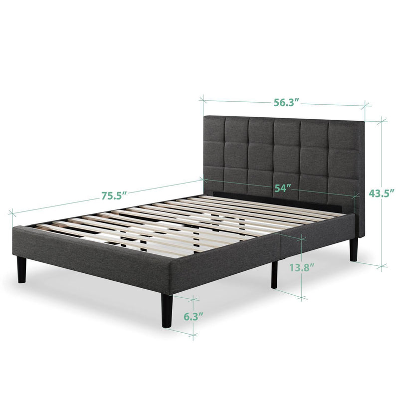 Zinus Grey Lottie Upholstered Square Stitched Platform Bed Frame with Wooden Slats
