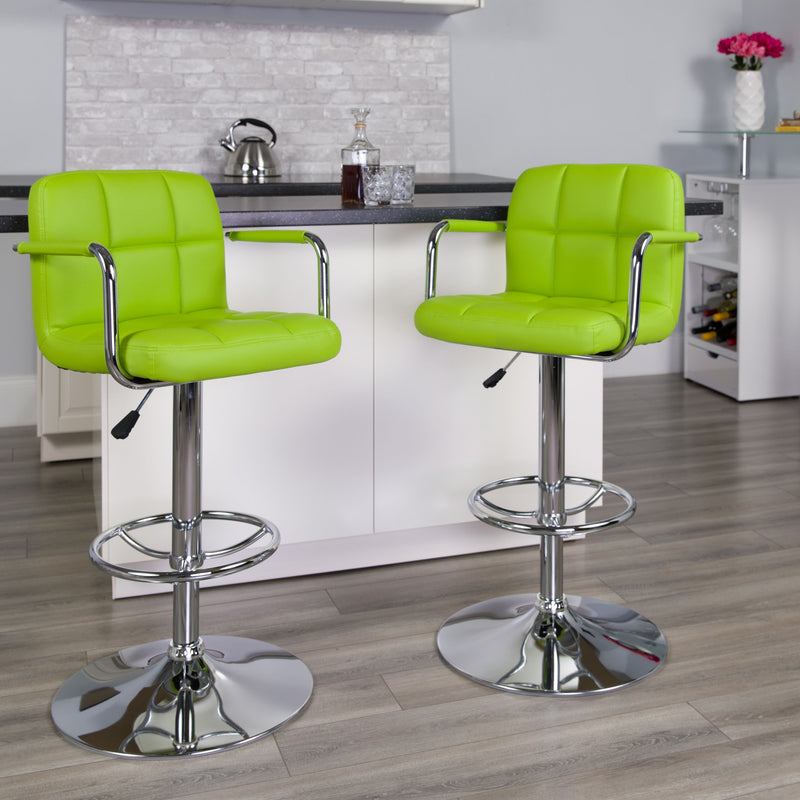 Contemporary Quilted Vinyl Adjustable Height Barstool, Color: Green, Set of 2