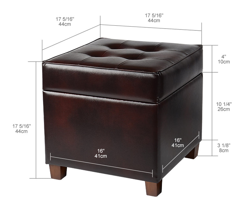 SortWise 17 Inch Square Storage Ottoman with Hinged Lid, Brown