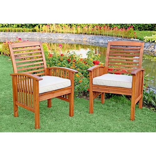 Walker Edison Acacia Patio Chairs with Cushions in Dark Brown - Set of 2